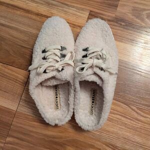 Lucky Brand Cream Faux-Shearling Lace-Up Mules